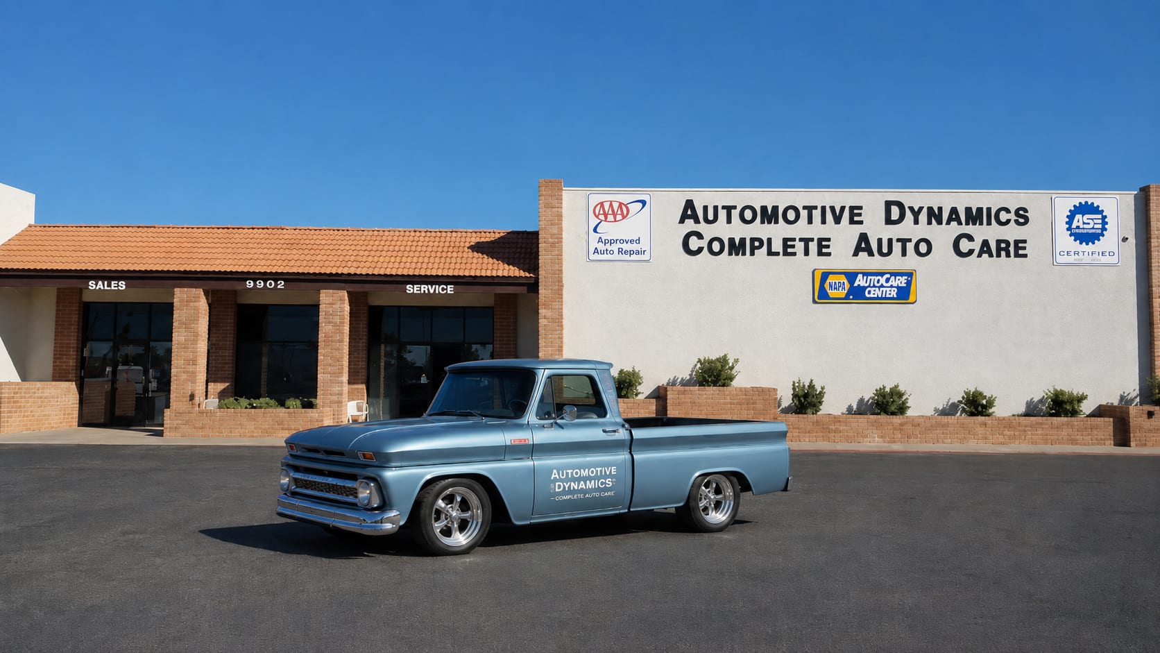 Automotive Dynamics auto repair shop in Sun City, Arizona, with the classic Automotive Dynamics C10 pickup parked out front